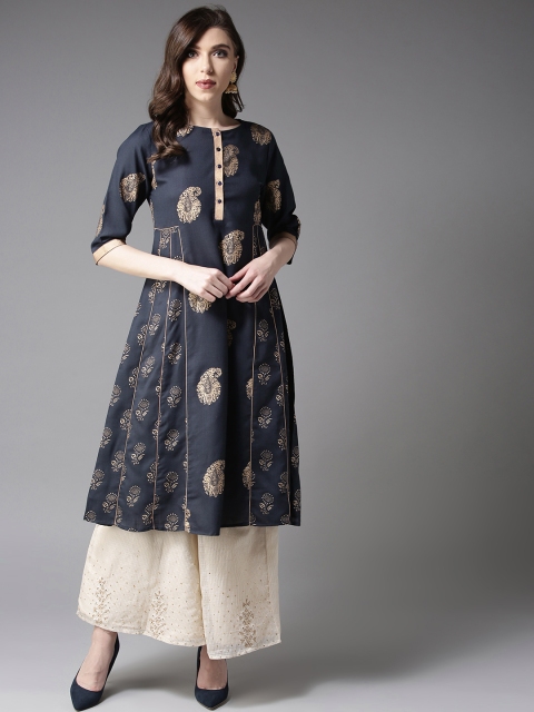 

Moda Rapido Women Navy Blue & Golden Printed Anarkali Kurta