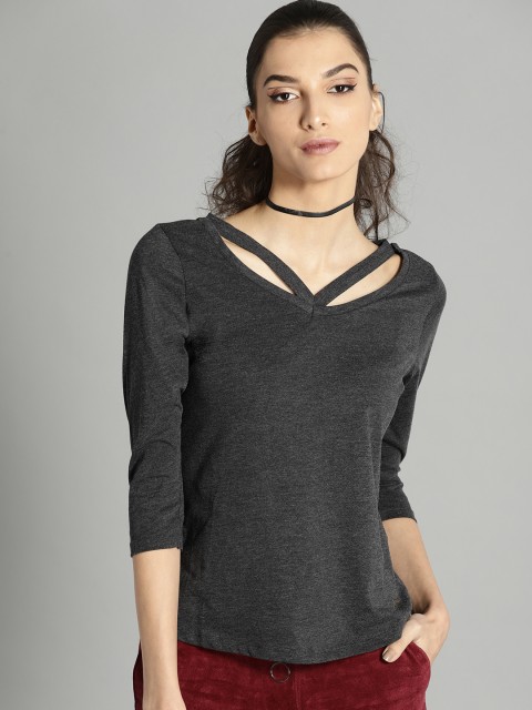 

Roadster Women Charcoal Grey Solid Styled Back Top