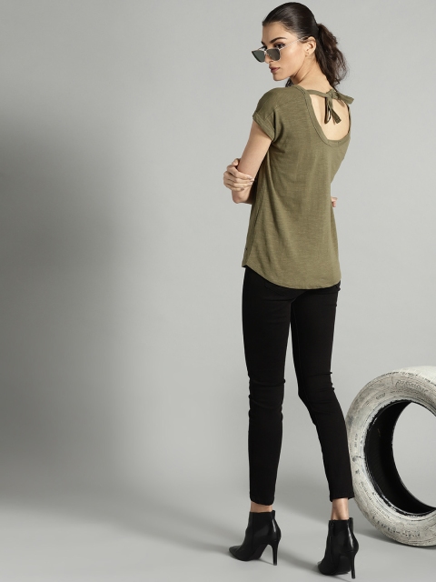 

Roadster Women Olive Green Solid Styled Back Pure Cotton Top