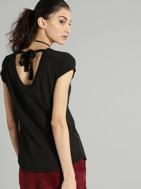 

Roadster Women Black Solid Style Back Pure Cotton Top