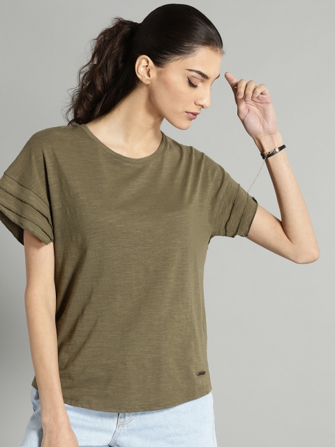 

Roadster Women Olive Green Solid Pure Cotton Top