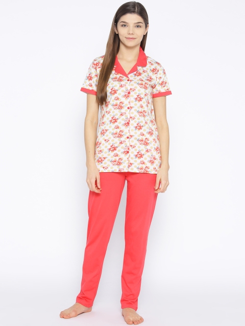 

Kanvin Women White & Coral Pink Floral Print Night Suit MJKSS19177B