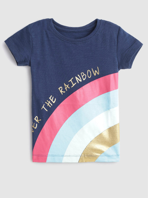 

YK Girls Navy Blue Printed Round Neck T-shirt