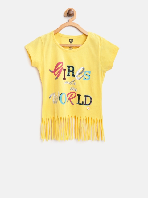 

612 league Girls Yellow Printed Pure Cotton Top with Sequinned Detail