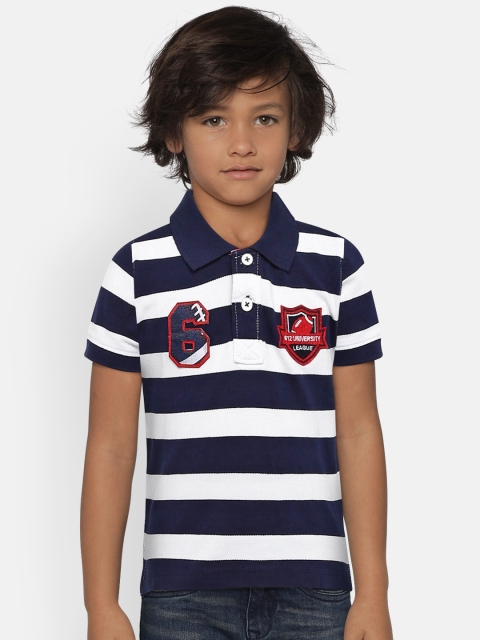 

612 league Boys Navy Blue & White Striped Polo Collar T-shirt