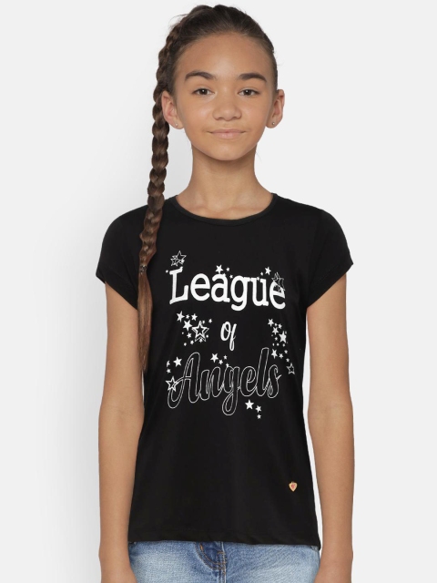 

612 league Girls Black Printed Round Neck Pure Cotton T-shirt