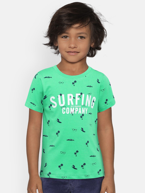 

612 league Boys Green Printed Round Neck T-shirt