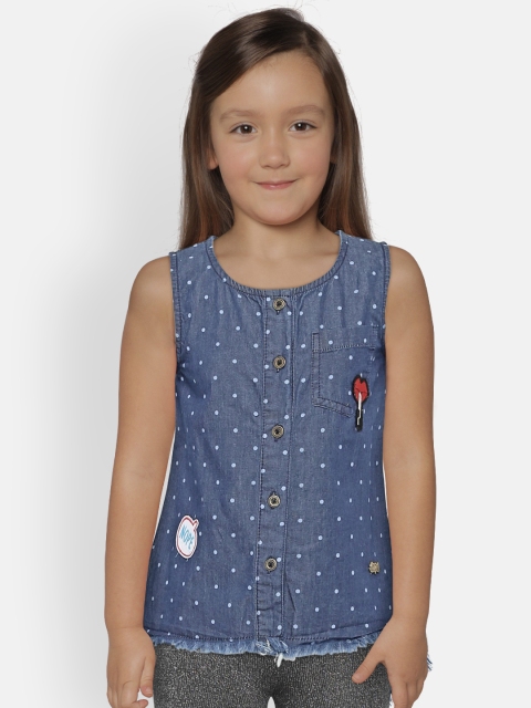 

612 league Girls Navy Blue Polka Dot Print Chambray High-Low Pure Cotton Top