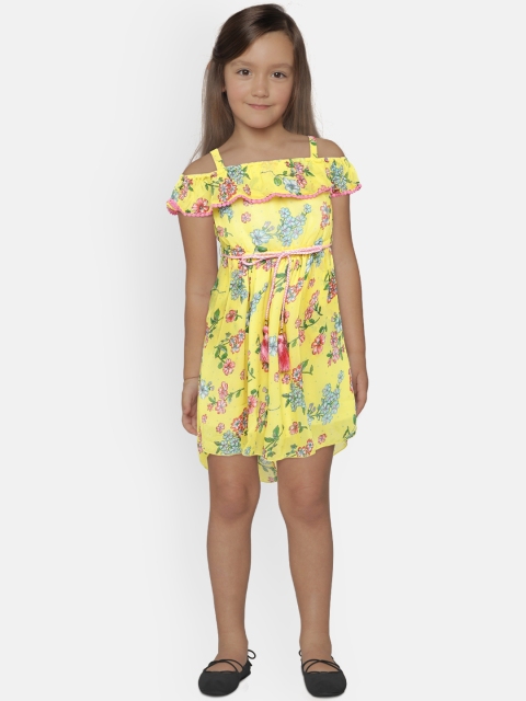 

612 league Girls Yellow & Pink Printed Layered Fit & Flare Dress