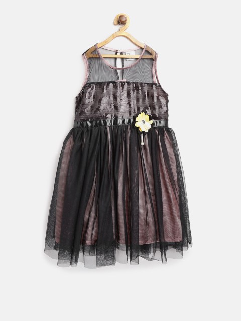 

612 league Girls Black Solid Net Fit & Flare Dress
