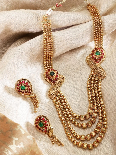 

damani Gold-Toned & Pink Stone-Studded Layered Jewellery Set