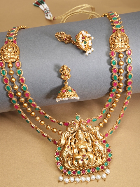 

damani Gold-Toned & Green Goddess Laxmi Textured Stone-Studded Multistranded Jewellery Set