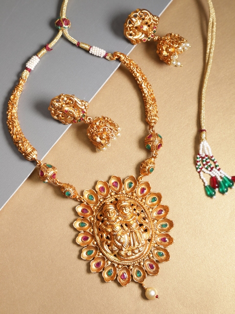 

damani Gold-Toned Stone-Studded Temple Jewellery Set