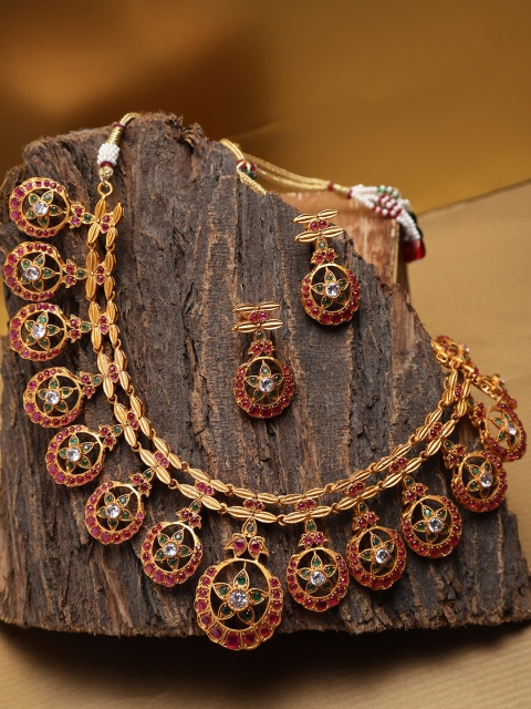 

damani Gold-Toned & Maroon Stone-Studded Jewellery Set