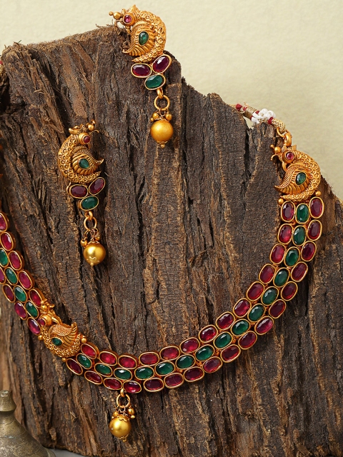 

damani Gold-Toned & Maroon Stone-Studded Jewellery Set