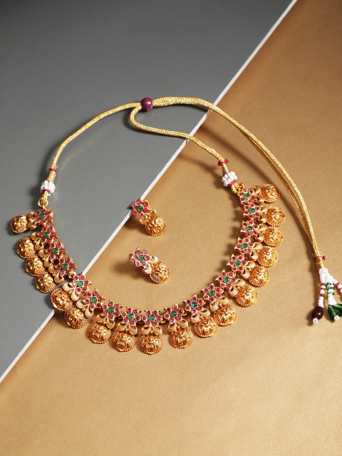 

damani Gold-Toned & Magenta Stone-Studded Jewellery Set