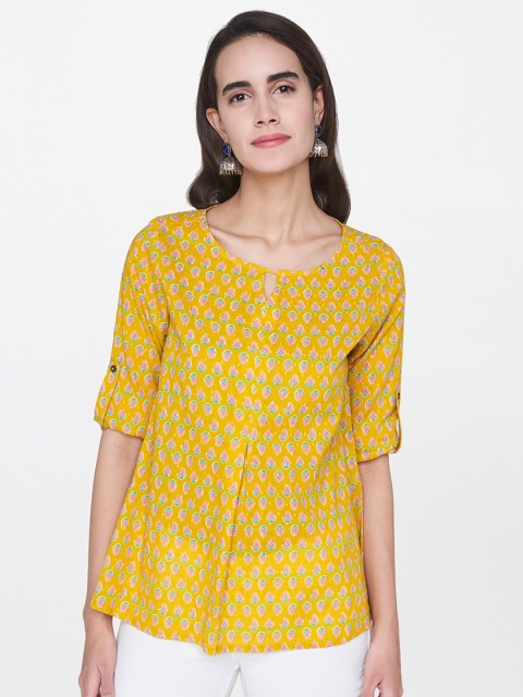 

Global Desi Women Mustard Yellow & Pink Ditsy Floral Print Top
