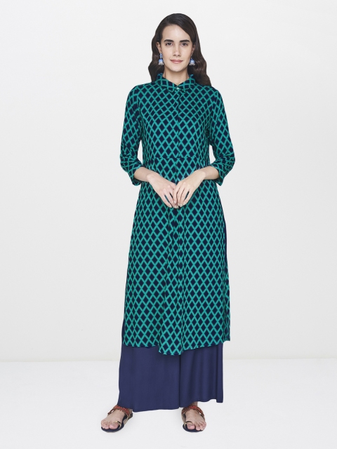 

Global Desi Women Teal Green & Navy Blue Printed A-Line Kurta