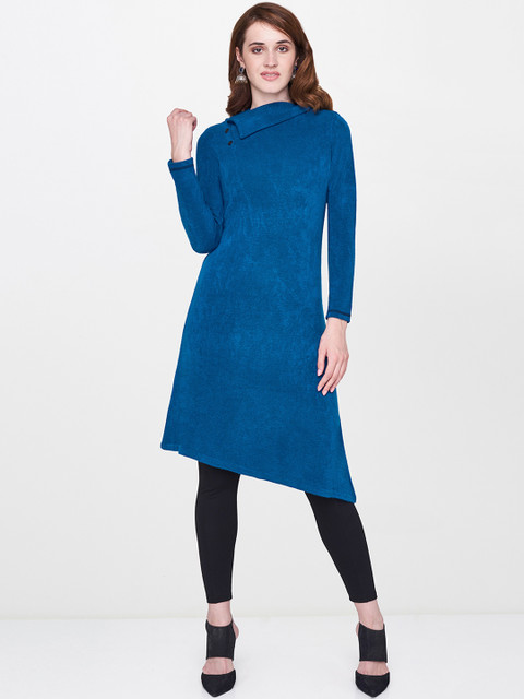 

Global Desi Women Teal Blue Self Design Tunic