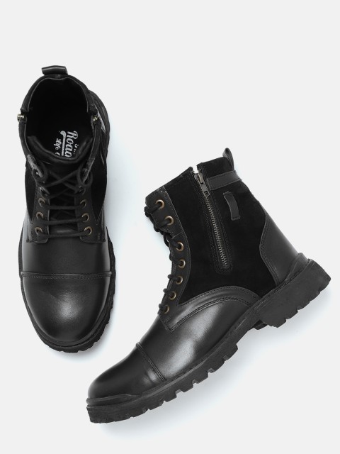 

Roadster Men Black Solid Leather Mid-Top Flat Boots