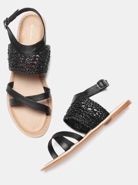 

Mast & Harbour Women Black Woven Design Open Toe Flats