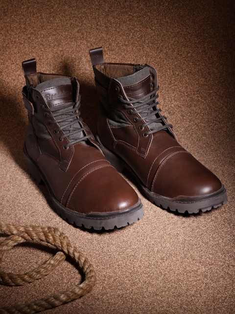 

Roadster Men Brown Solid Leather Mid-Top Flat Boots