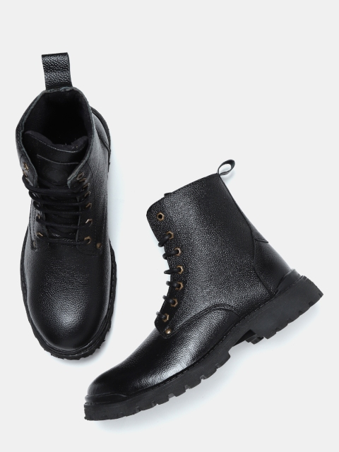 

Roadster Men Black Solid Leather Mid-Top Flat Boots