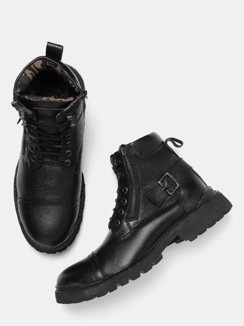 

Roadster Men Black Solid Leather Mid-Top Flat Boots