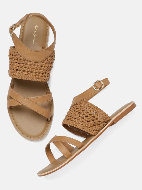

Mast & Harbour Women Tan Brown Woven Design Open Toe Flats