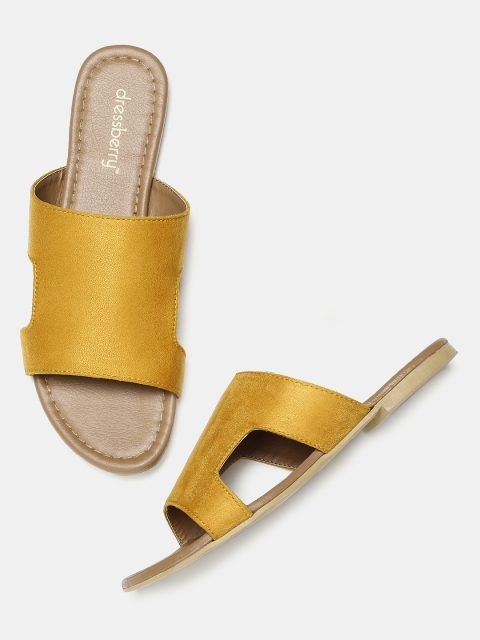

DressBerry Women Mustard Yellow Striped Open Toe Flats