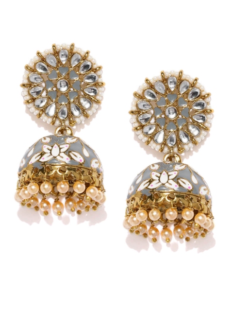 

justpeachy Grey Dome Shaped Kundan Studded Meenakari Jhumkas