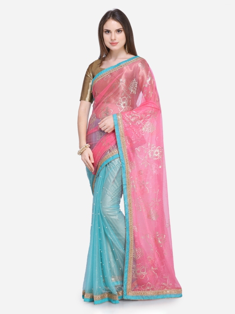 

Silk Bazar Pink & Blue Net Embellished Saree