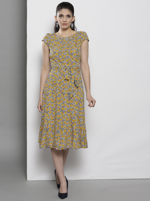 

DOROTHY PERKINS Women White & Yellow Printed A-Line Dress