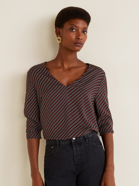

MANGO Women Black & Maroon Striped Top