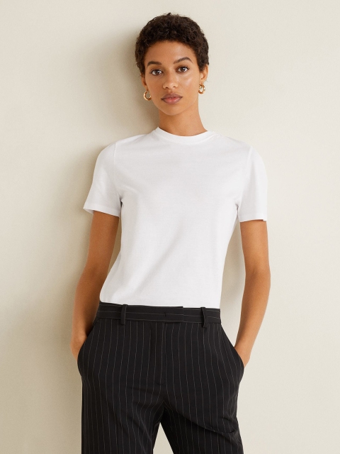 

MANGO Women White Solid Round Neck T-shirt