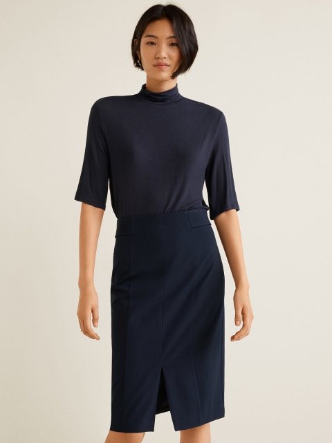 

MANGO Women Navy Blue Solid Pencil Skirt