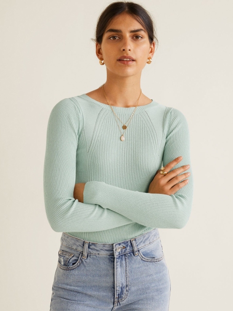 

MANGO Women Sea Green Self-Striped Top