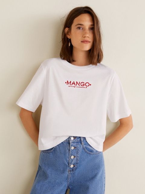 

MANGO Women White Solid Round Neck T-shirt