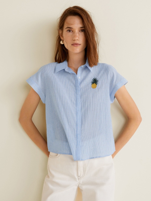 

MANGO Women Blue & White Pinstriped Casual Shirt