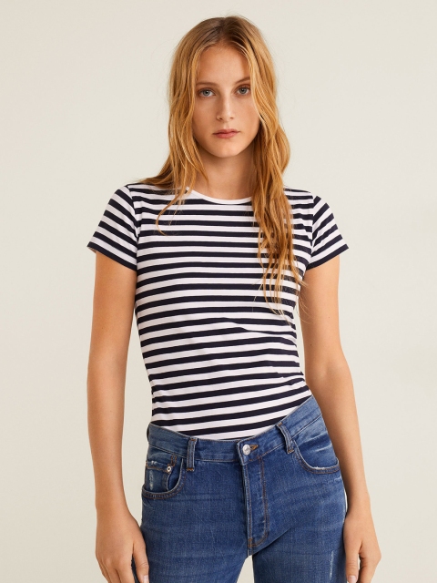 

MANGO Women White & Navy Striped Round Neck T-shirt