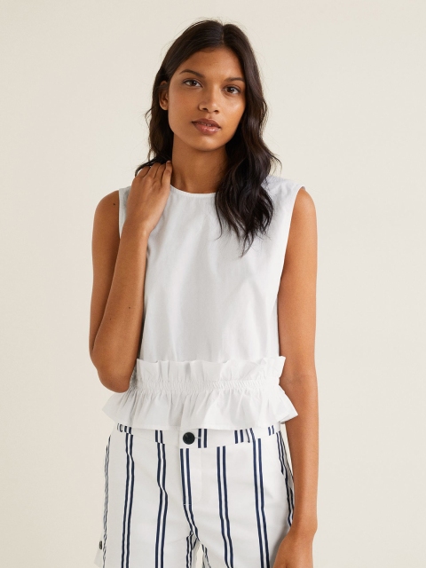 

MANGO Women White & Navy Blue Striped Regular Fit Shorts