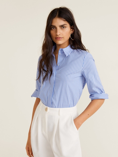 

MANGO Women Blue & White Regular Fit Striped Casual Shirt