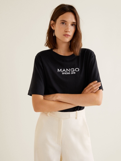 

MANGO Women Black Solid Round Neck T-shirt