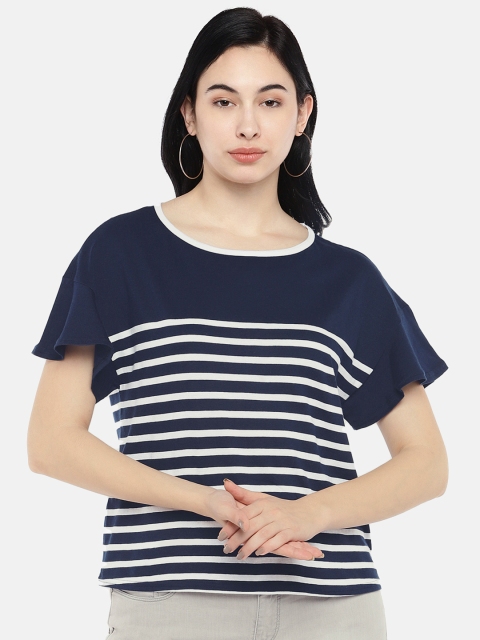 

MANGO Women Navy Blue & White Striped Round Neck T-shirt