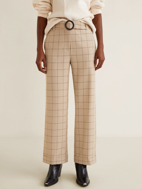 

MANGO Women Beige & Black Regular Fit Checked Parallel Trousers