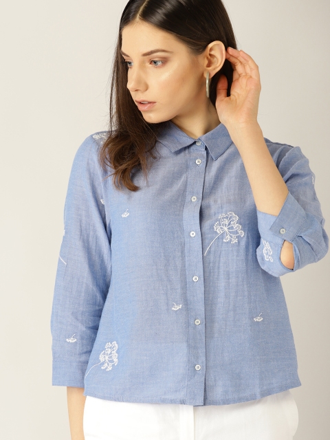

MANGO Women Blue Regular Fit Embroidered Casual Shirt