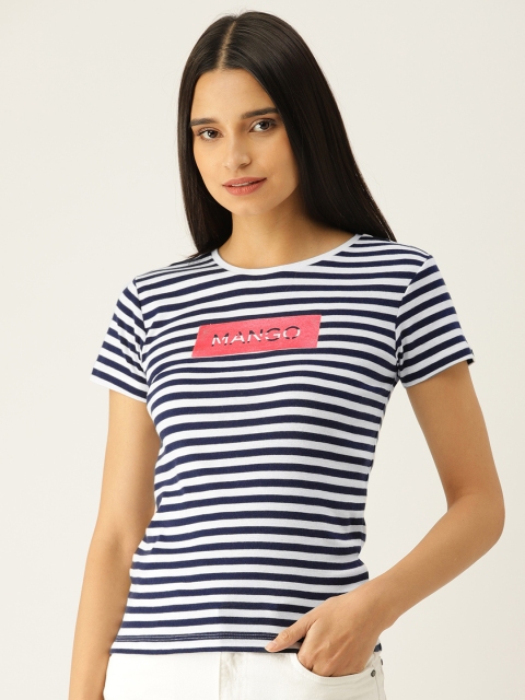 

MANGO Women Navy Blue White Striped Round Neck Pure Cotton T-shirt