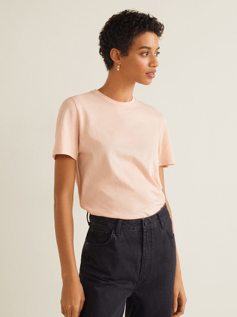 

MANGO Women Peach-Coloured Solid Round Neck Pure Cotton T-shirt