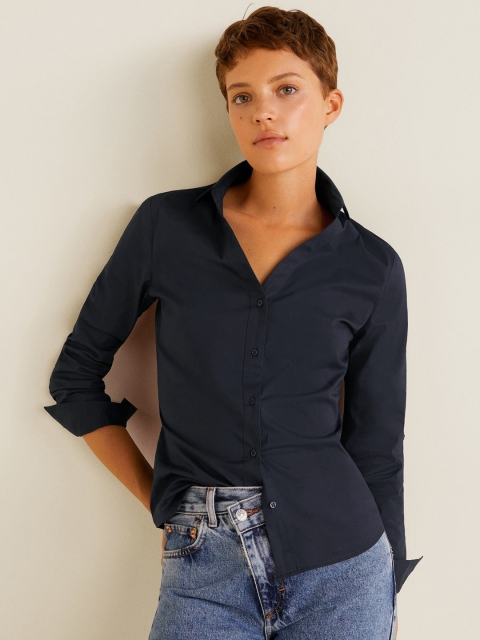 

MANGO Women Navy Blue Regular Fit Solid Casual Shirt