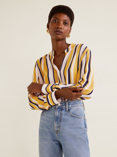

MANGO Women Yellow & Navy Blue Regular Fit Striped Casual Shirt
